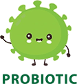 A green cartoon of a virus with the word probiotic underneath it.