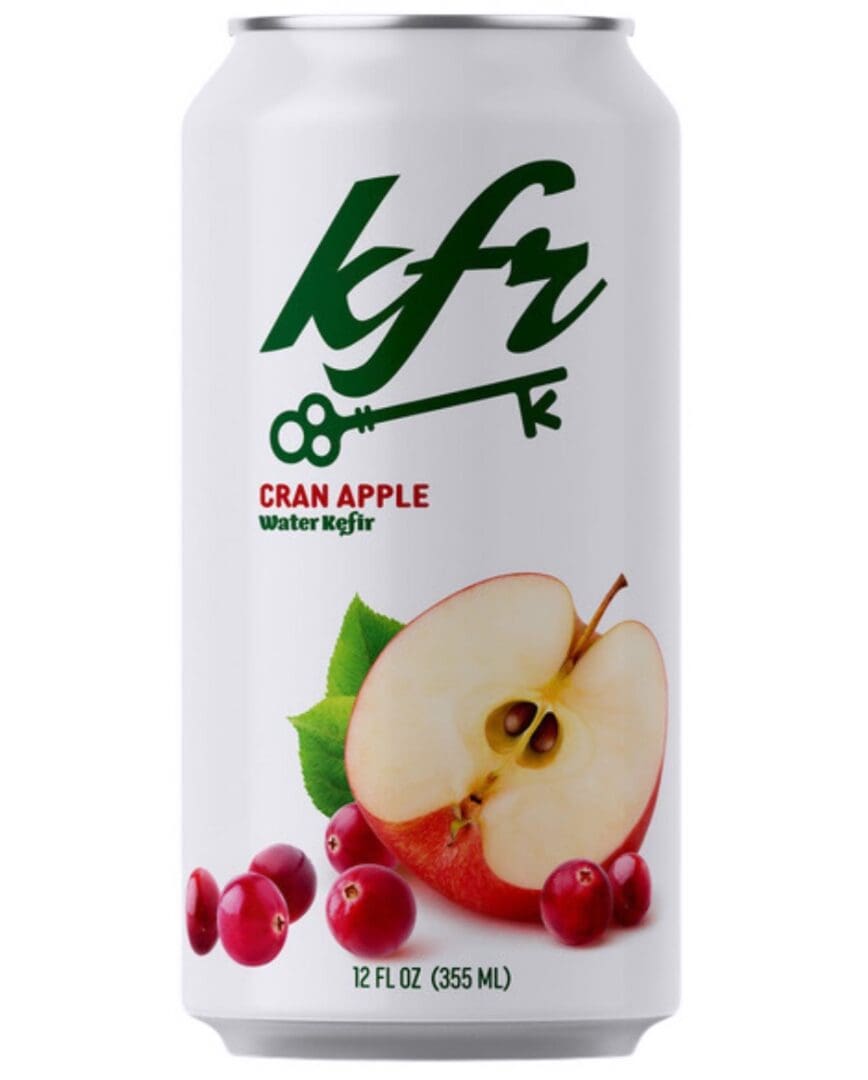 A white can of kfr Crane apple kept with a white background.